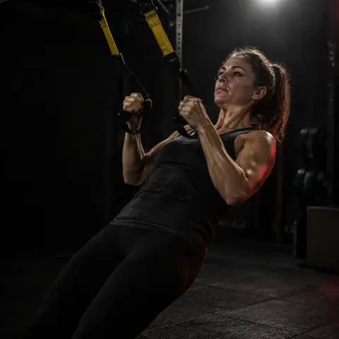 Žena cvičí na TRX popruzích v polotmě, světlo vykresluje napětí v ramenou